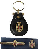 Set - leather pendant, breat pin and badges for lapel