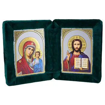 Diptih Presveta Bogorodica - Gospod Isus Hrist 17x11cm - zeleni pliš