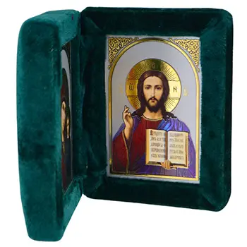 Diptih Presveta Bogorodica - Gospod Isus Hrist 17x11cm - zeleni pliš-1