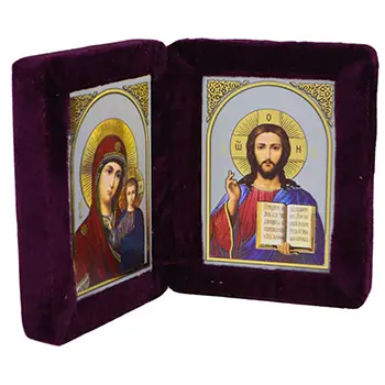 Diptih Presveta Bogorodica - Gospod Isus Hrist 17x11cm - ljubičasti pliš