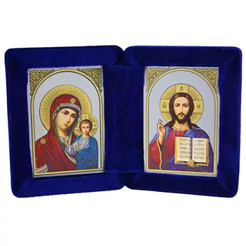 Diptih Presveta Bogorodica - Gospod Isus Hrist 17x11cm - plavi pliš