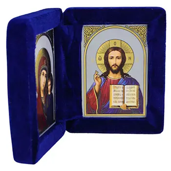 Diptih Presveta Bogorodica - Gospod Isus Hrist 17x11cm - plavi pliš-1