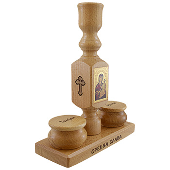 Wooden candlestick with boxes for incense and briquettes 