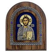 Ikona Gospod Isus Hrist okovana pozlaćena 22x18cm (na plavoj pozadini)